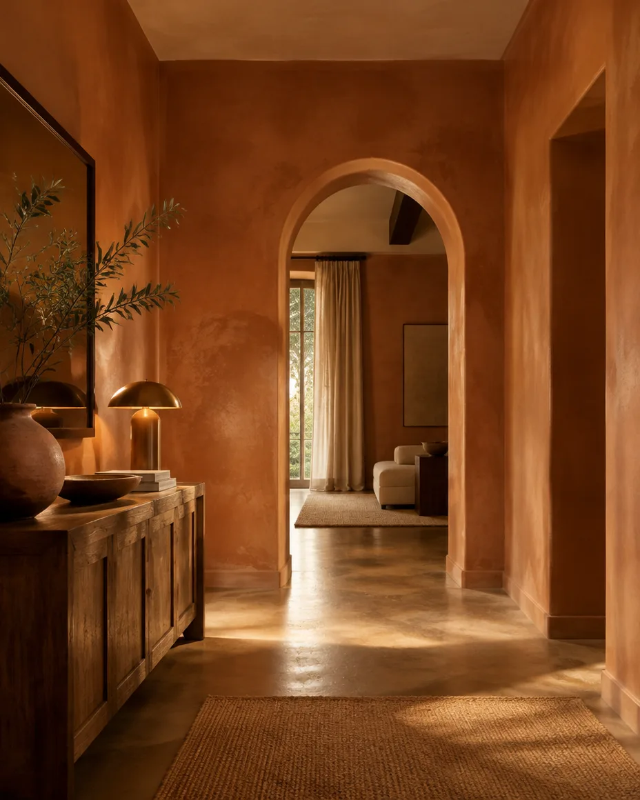 Hall com paredes em estuque de argila, cor terracota.