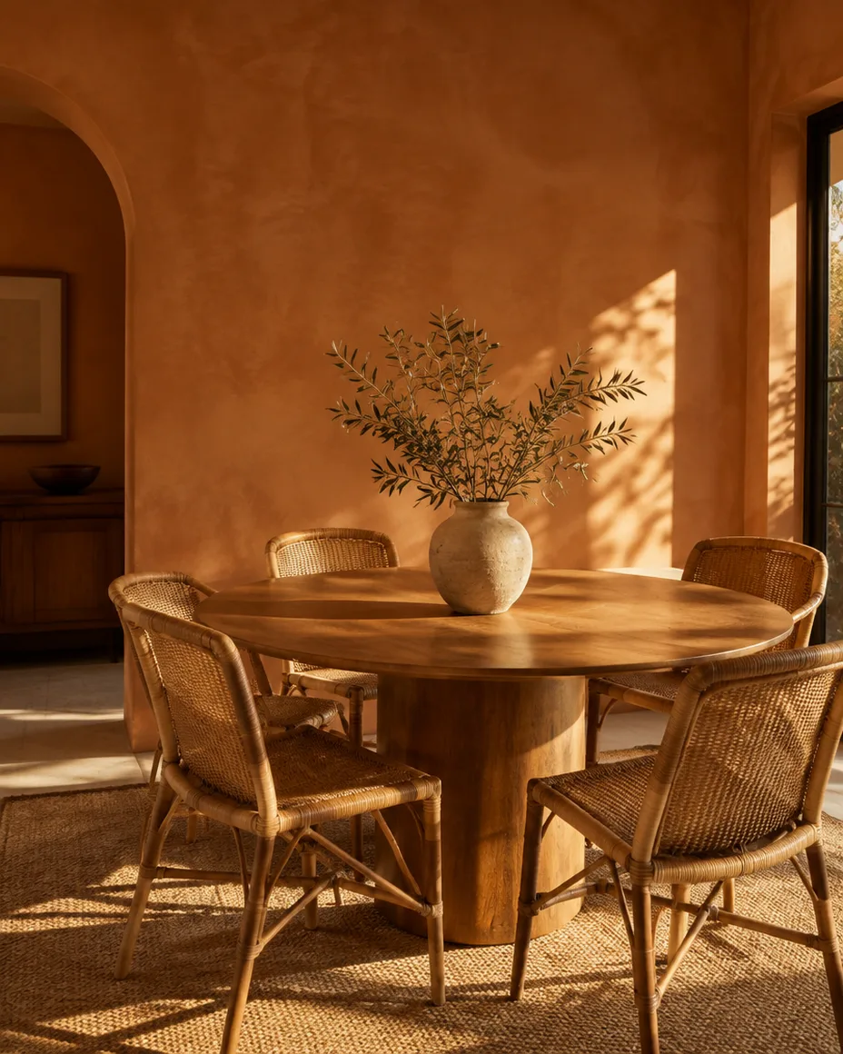 Sala de jantar com paredes em estuque de argila cor de terracota e mesa de madeira redonda.