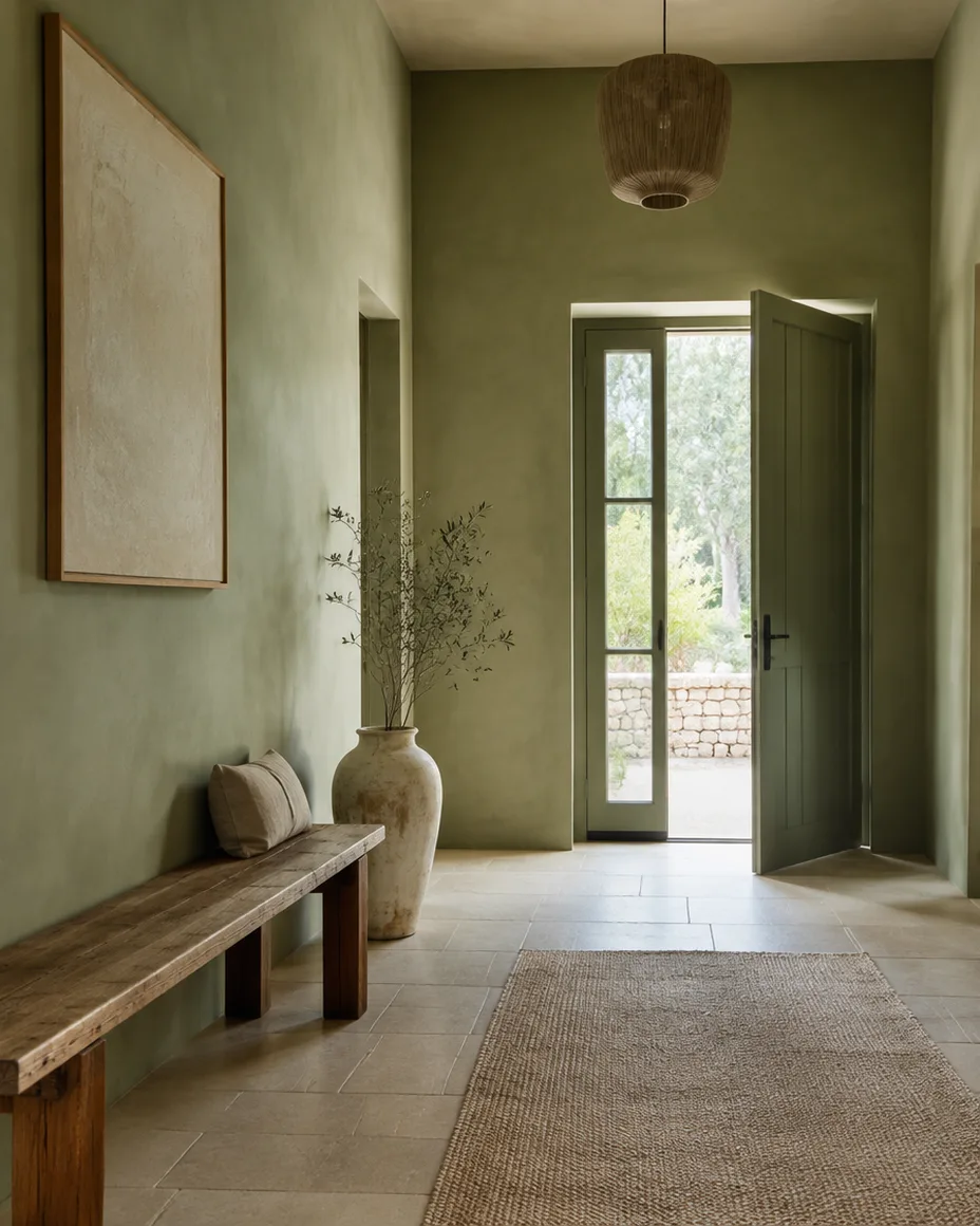 Hall com paredes em estuque de cal, cor sálvia.