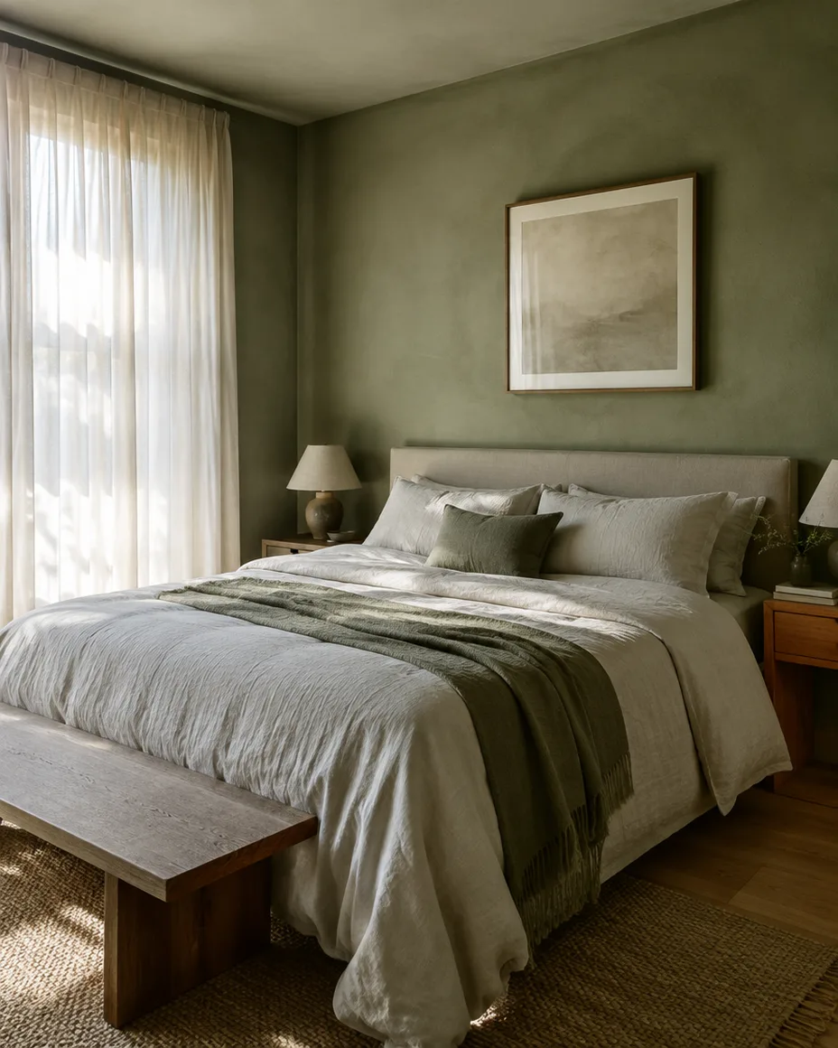 Quarto com paredes em estuque de cal verde-sálvia mate e roupa de cama de linho.