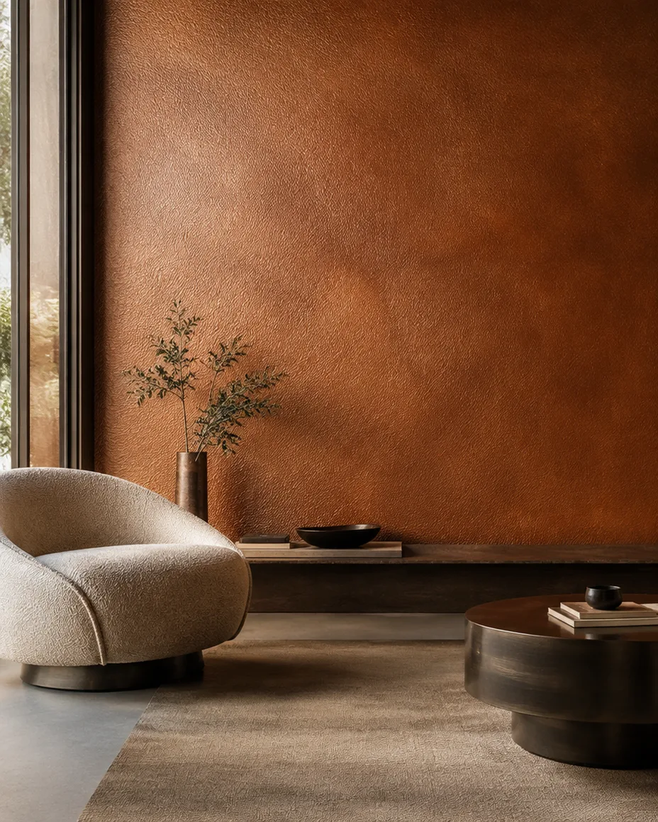 Sala com parede em estuque com textura de couro cognac e um cadeirão branco.