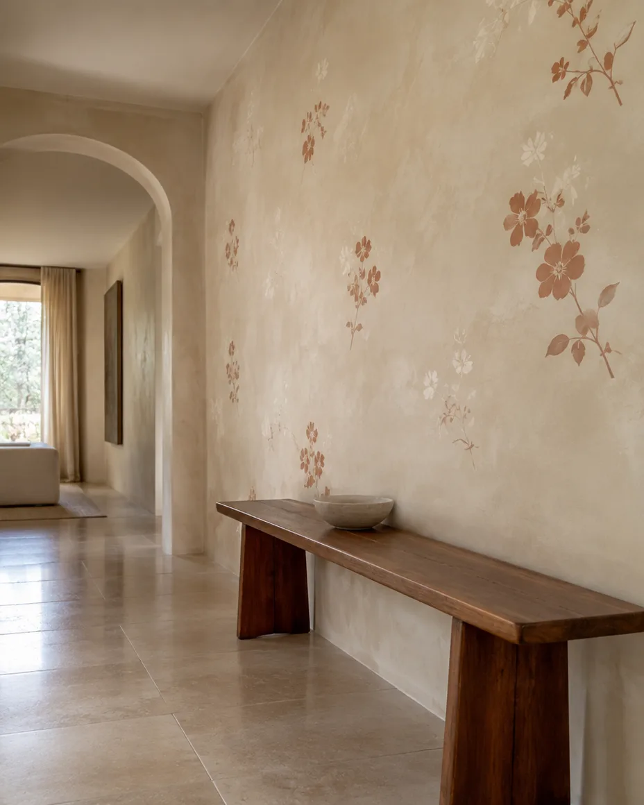 Corredor com parede em estuque creme e motivos florais em terracota.