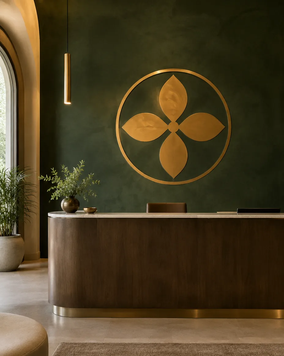 Receção com parede em estuque verde-escuro e um emblema redondo em metal dourado, com a forma de uma flor de quatro pétalas.