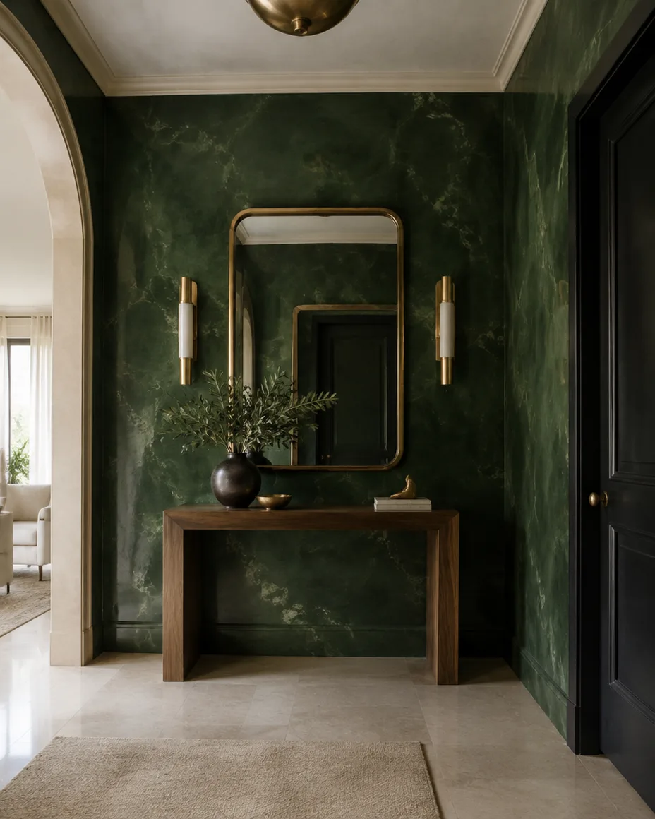 Hall com paredes em estuque lucido, cor verde-floresta.