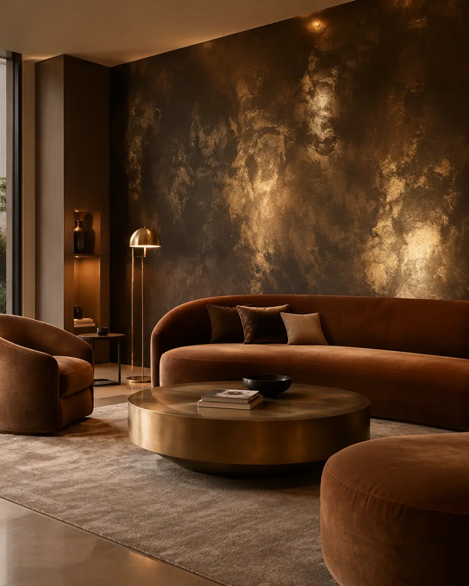 Sala com parede em estuque escuro com reflexos metálicos em dourado, sofá de veludo e mesa de centro em latão.
