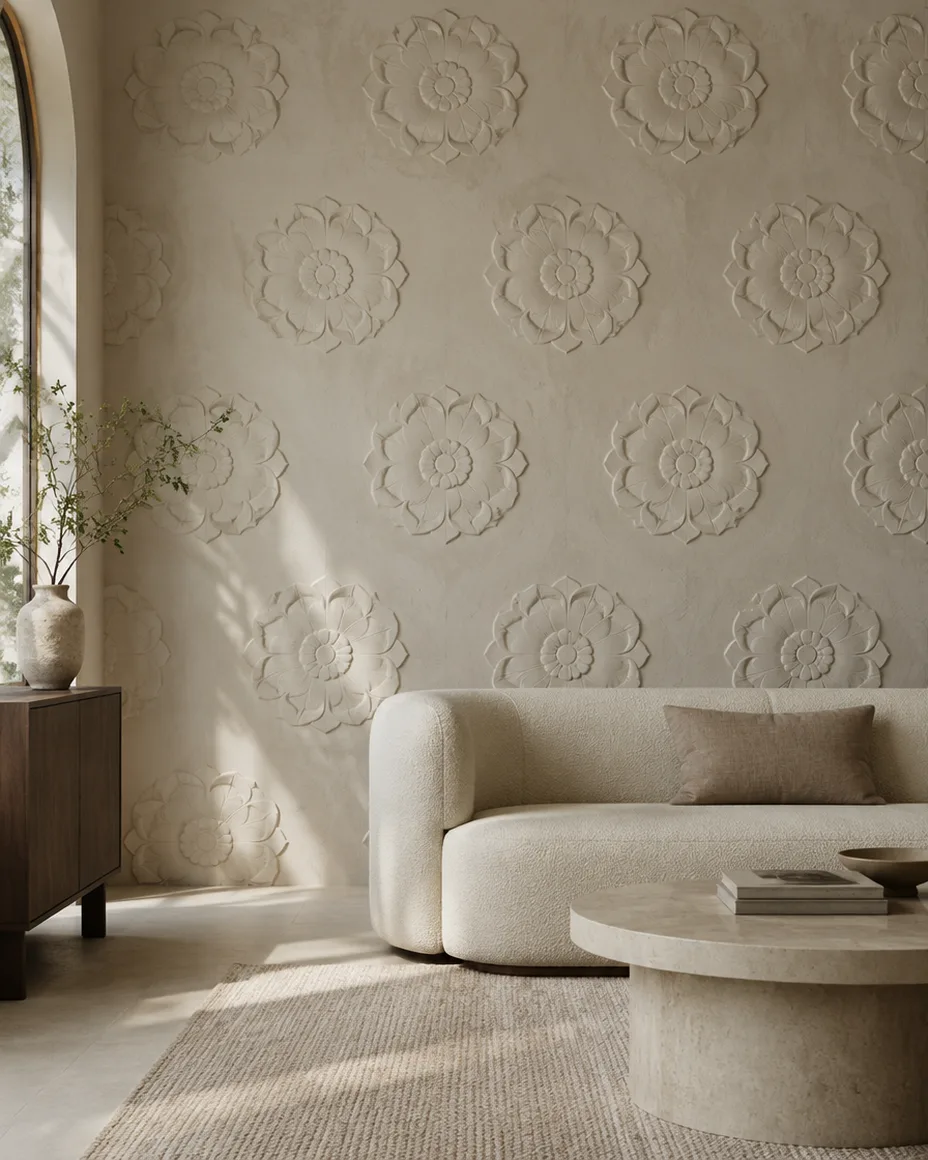 Sala com parede em estuque branco-sujo com relevo de medalhões florais repetidos.