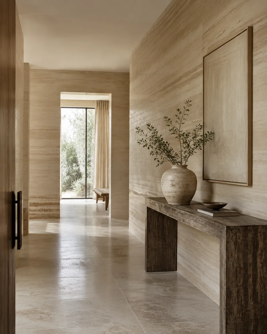 Hall com paredes em estuque efeito travertino, cor areia.