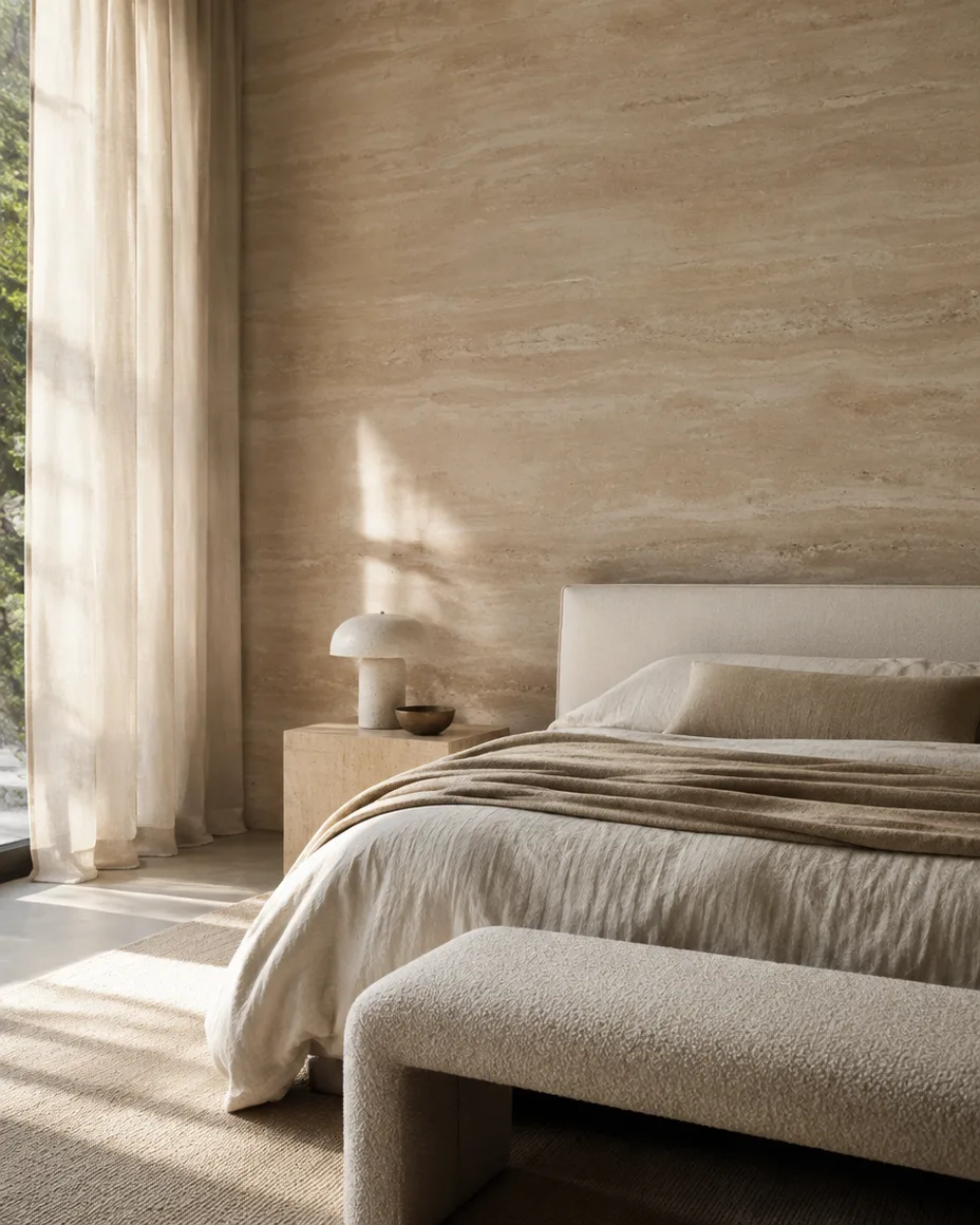 Quarto com paredes em estuque efeito travertino, cor areia.