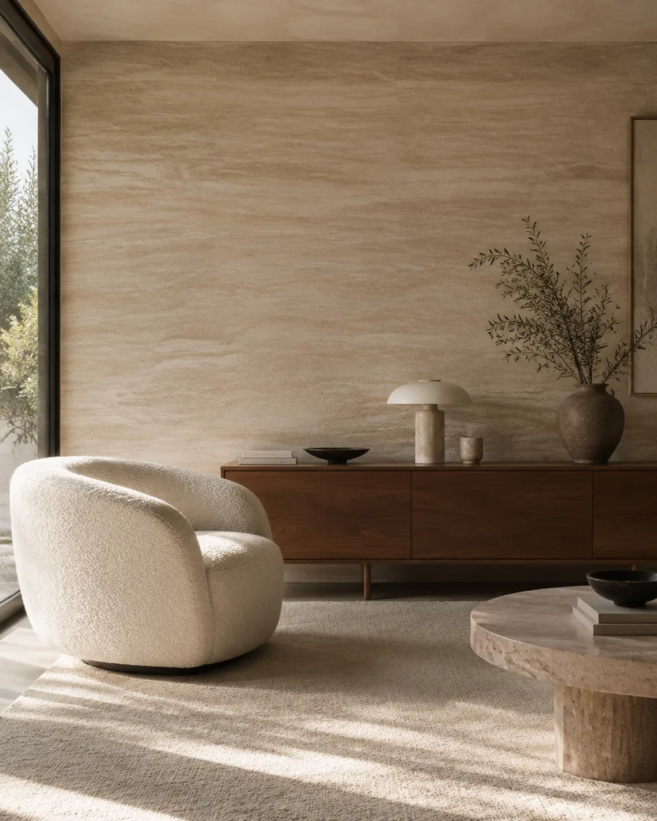 Sala com paredes em estuque efeito travertino cor de areia, com estratos horizontais.