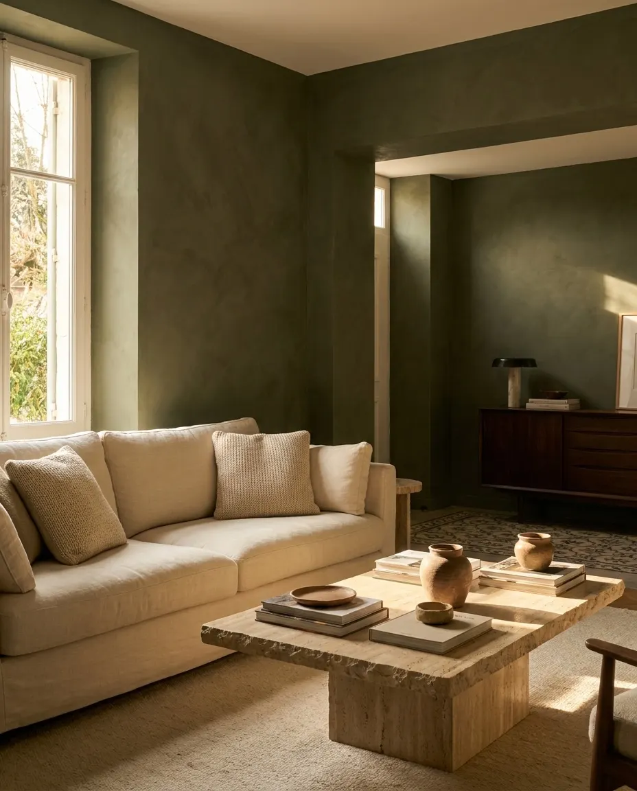 Living room with olive-green plaster walls, a linen sofa and a travertine table.