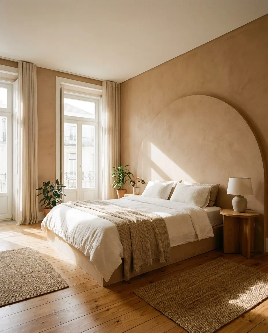 Bedroom with light terracotta plaster walls and an arched headboard.