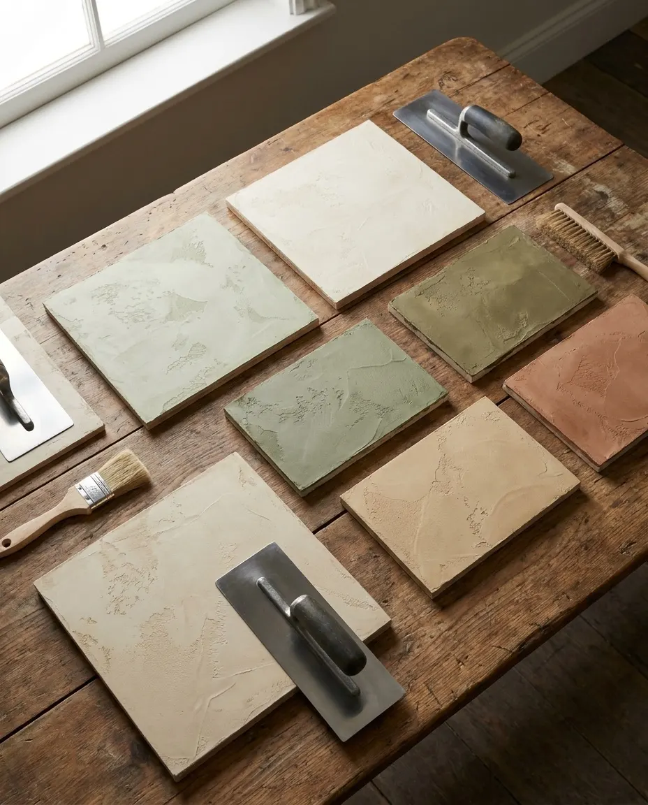 Plaster samples in several colours on a wooden table.