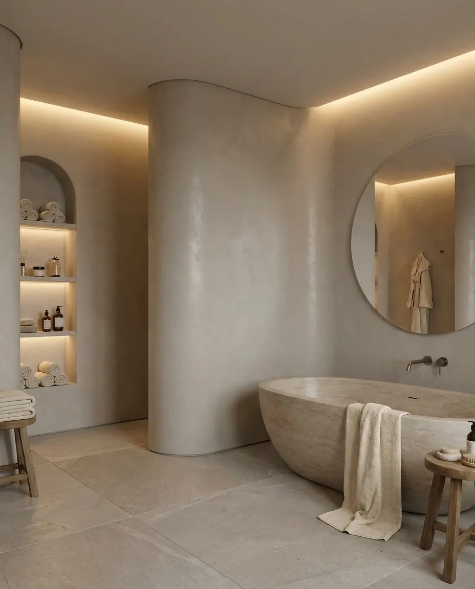 Bathroom with a seamless greige plaster surface and a stone bathtub.