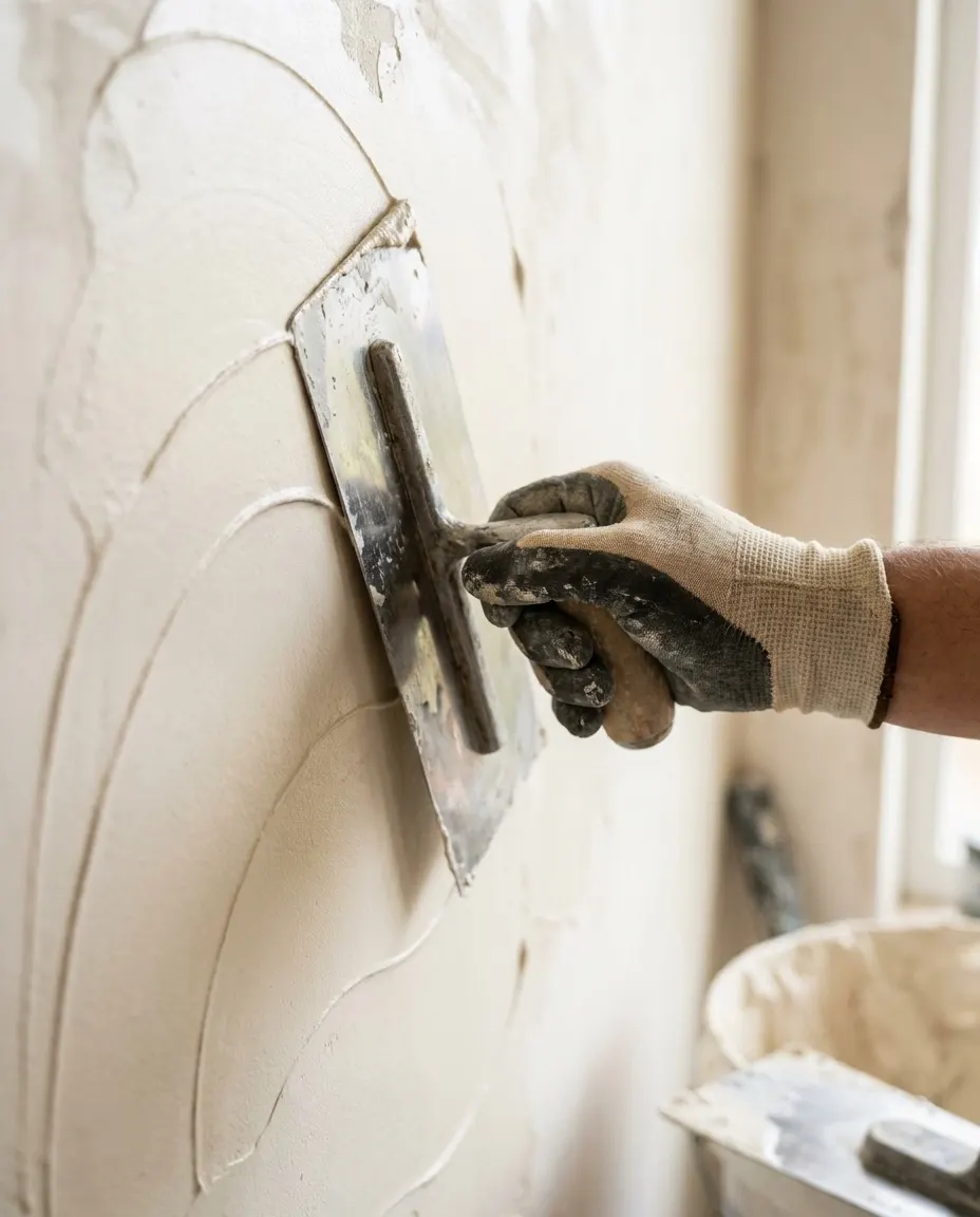 A gloved hand with a trowel working damp plaster.